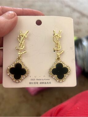 Gold Black Clover Drop Earrings with Crystal Halo, FASHION JEWELRY, NEW